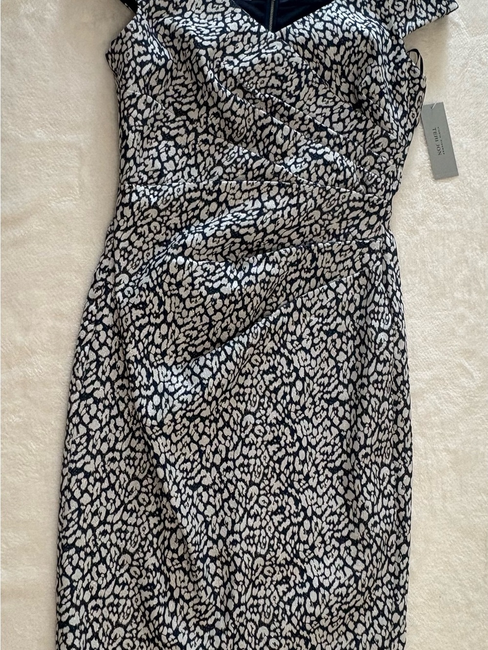 Rickie Freeman for Teri Jon navy and White Printed Midi Dress